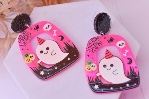 Abstract Shape Halloween Cute Ghost Glitter Acrylic Neon Pink Holiday Women Girls Dangle Earrings Emo Goth Steampunk
