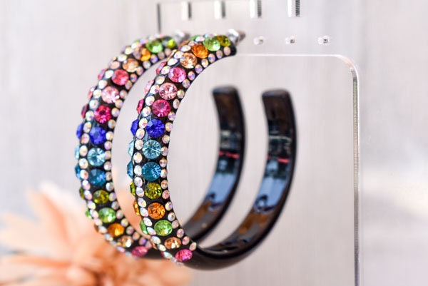 Black 5 Row Bling Statement Acrylic Lucite Multicolor Rhinestones 2.5" Women's Hoop Earrings Pageant Weddings Night Out Diva Pageant