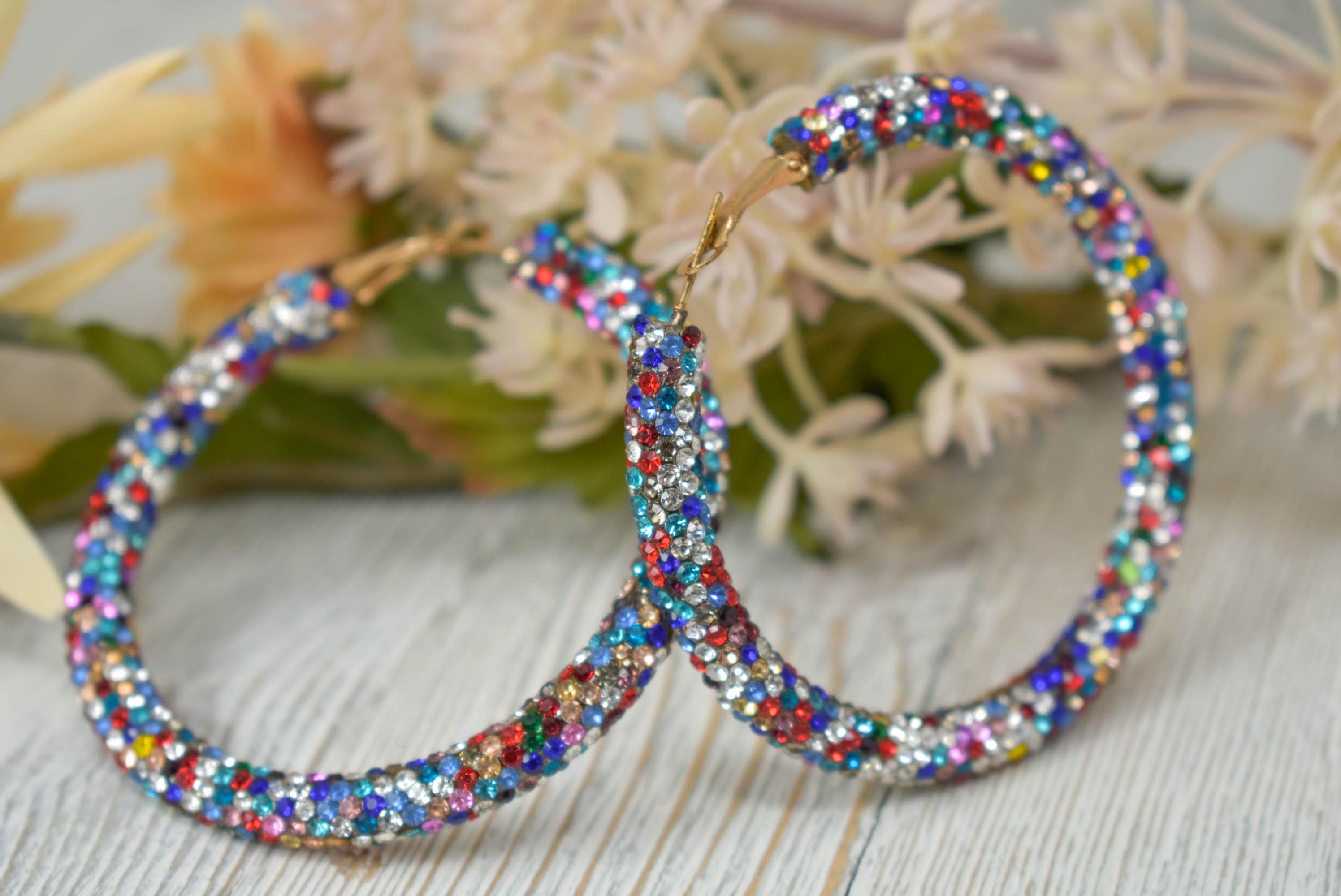 Statement Bohemian 2.5" Multicolor Pave Rhinestone Tube Bling Leverback Hoop Earrings Diva Boujee Fashion Accessories Women's Gifts