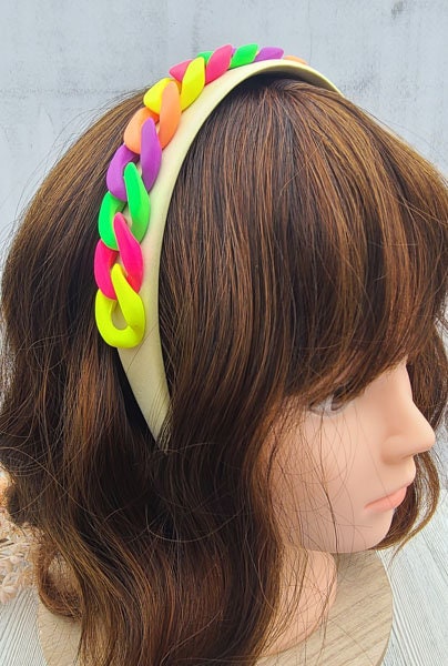 Colorful Retro 80's Vibe Satin Wide Headband with Neon Matte Chunky Chain Link Accent Costume Boho Hair Accessory Women Girls
