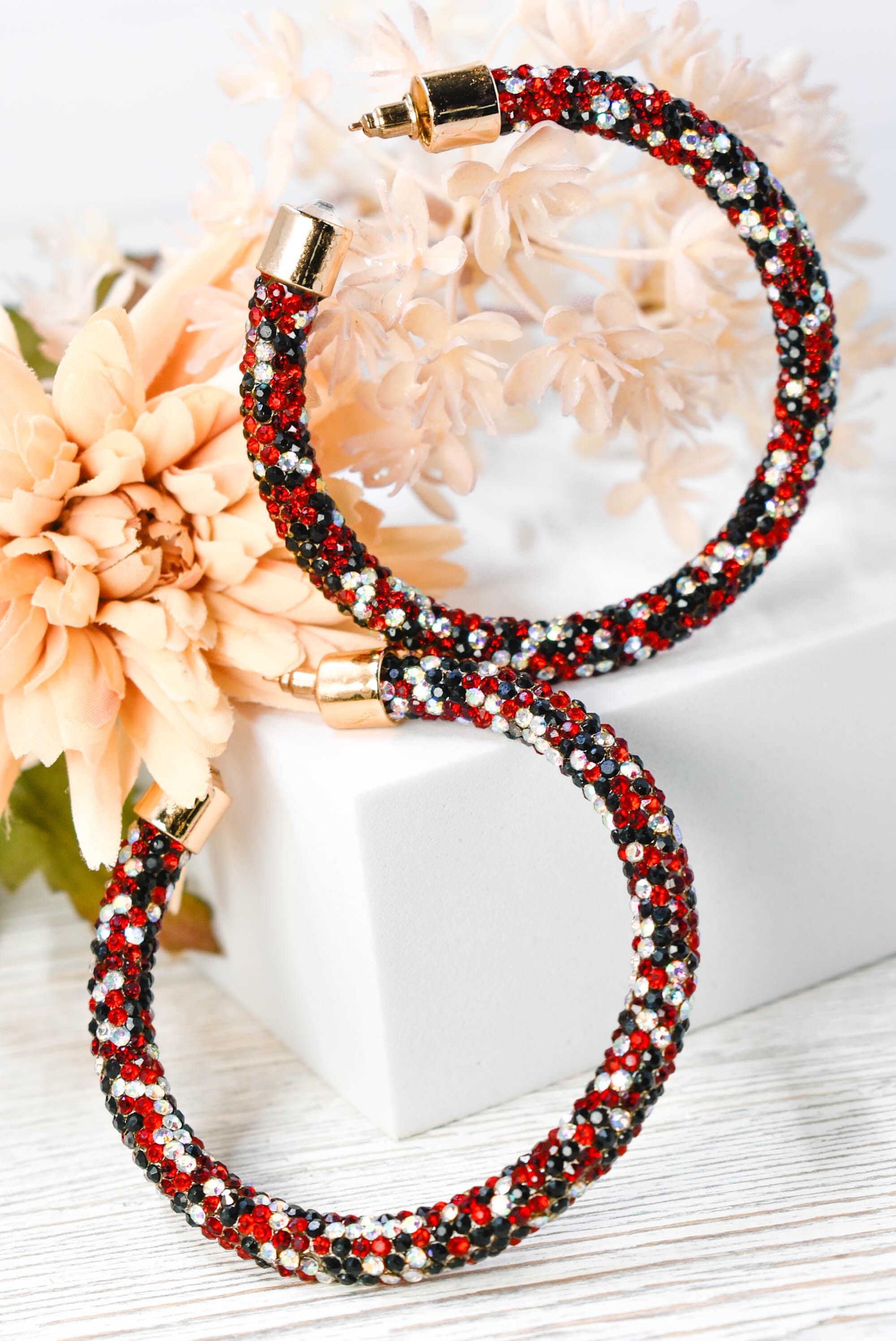 2.5" Ladies Bohemian Multi Tone Red Black Clear Rhinestone Sparkle Wrap Pave Open Hoop Earrings Stone Accent Women Party Night Out Bling