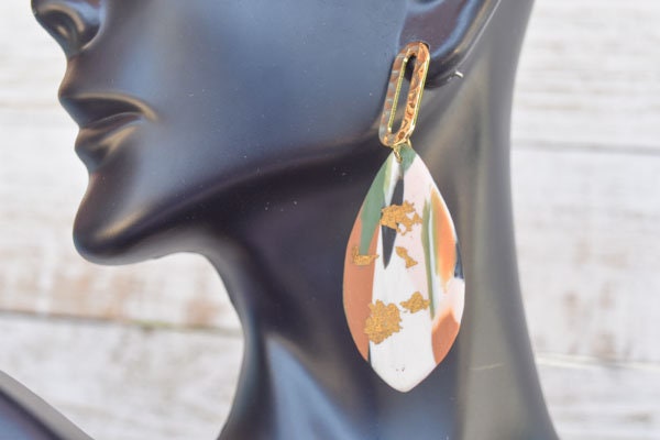 Boho Fashion Statement Handmade Camouflage Polymer Clay Gold Flakes "Abby Army" Dangle Drop Earrings Gifts Women