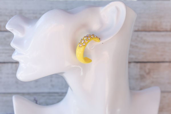 Yellow 3 Row Bling Statement Acrylic Lucite AB/Clear Rhinestones 1" Women's Hoop Earrings Pageant Weddings Night Out Diva Pageant