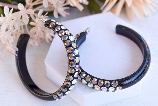 Black 3 Row Bling Statement Acrylic Lucite Hematite Gray/AB Rhinestones 2.5" Women's Hoop Earrings Pageant Weddings Night Out
