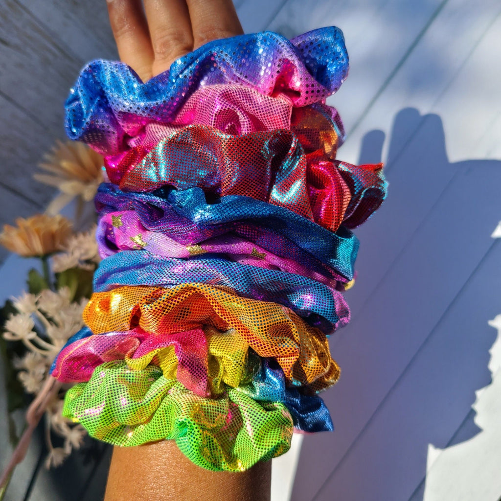 Set of 10 Retro 80's Metallic Hair Pony Tail Scrunchies for Women, Summer Hair Ties, Hair Accessories for Long Hair