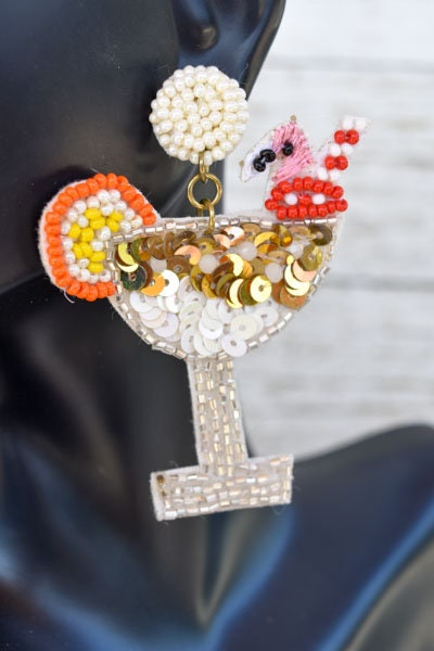 Summer Statement Seed Bead Martini Cocktail Flamingo Topper Party Dangle Earrings Girls Night Out