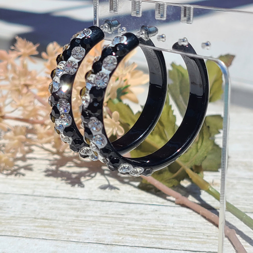 Black Bling Statement Acrylic Lucite Clear/Black Rhinestones 2" Women's Hoop Earrings with White Paint Accent Pageant Weddings Night Out