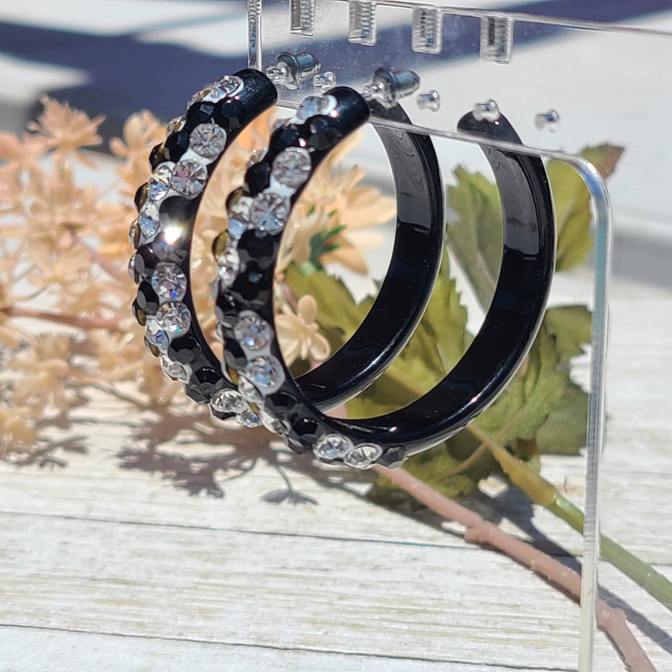 Black Bling Statement Acrylic Lucite Clear/Black Rhinestones 2" Women's Hoop Earrings with White Paint Accent Pageant Weddings Night Out