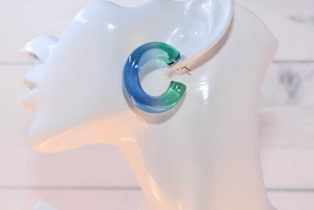 Translucent Gradient Teal Blue Retro Boho Semi Chunky Lucite Ombre Jelly 1.5" Hoop Earrings