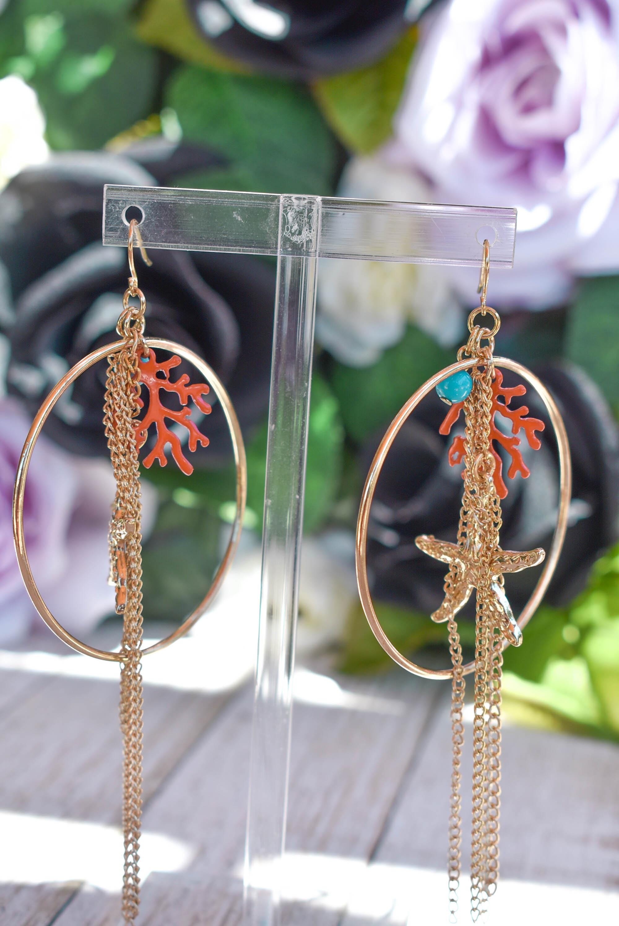 Summer Beach 4" Dangle Drop Sea Life Charm Starfish Coral Chain Dangle Earrings Gold Color Statement Earrings Bohemian