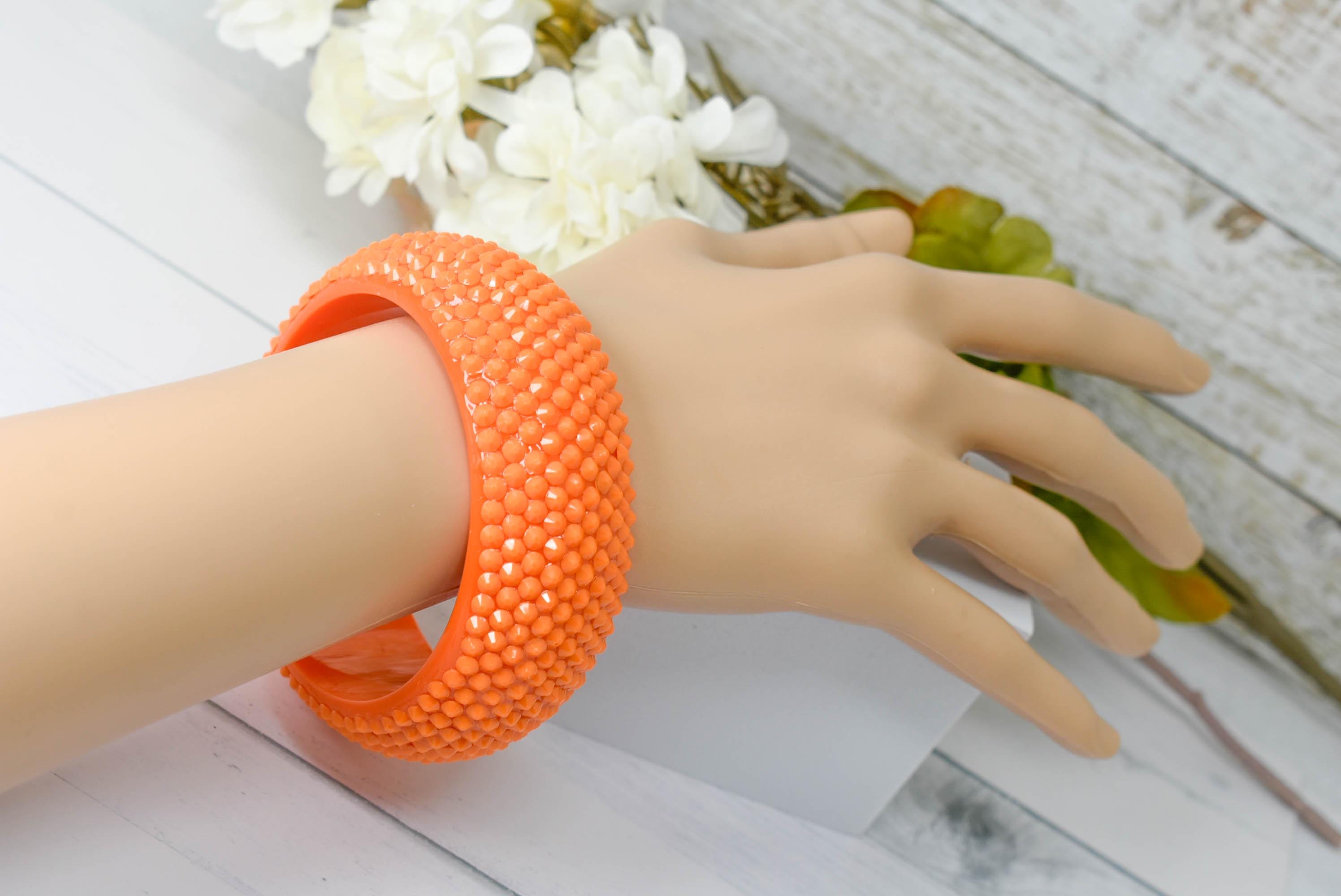 Retro Neon Orange Chunky Rhinestone Embellished Summer Bangle Bracelet Pageants Night Out Fashion Statement Bling Jewelry 80s