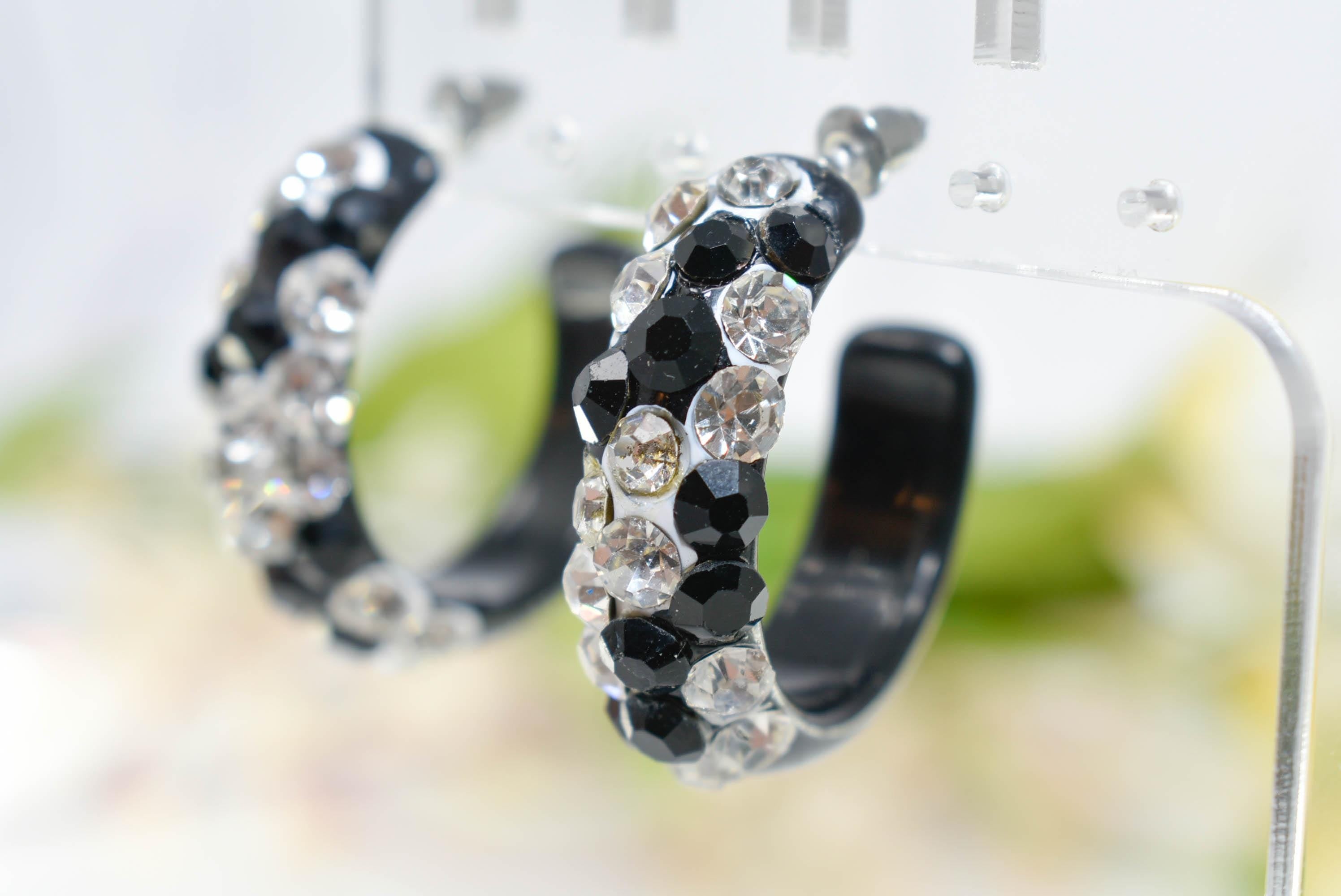 Black Bling Statement Acrylic Lucite Clear/Black Rhinestones 1.25" Women's Hoop Earrings with White Paint Accent Pageant Weddings Night Out