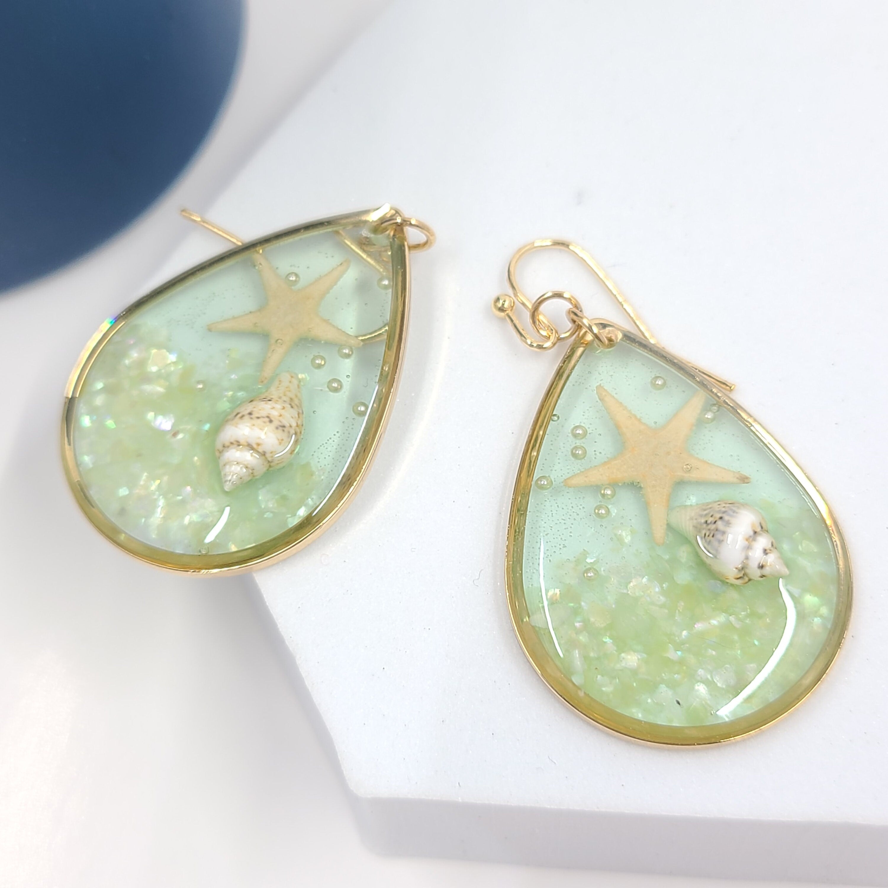 Boho Clear Mint Resin Starfish Seashell Accent Beach Theme Sealife Teardrop Dangle Earrings Women's Vacation Gifts