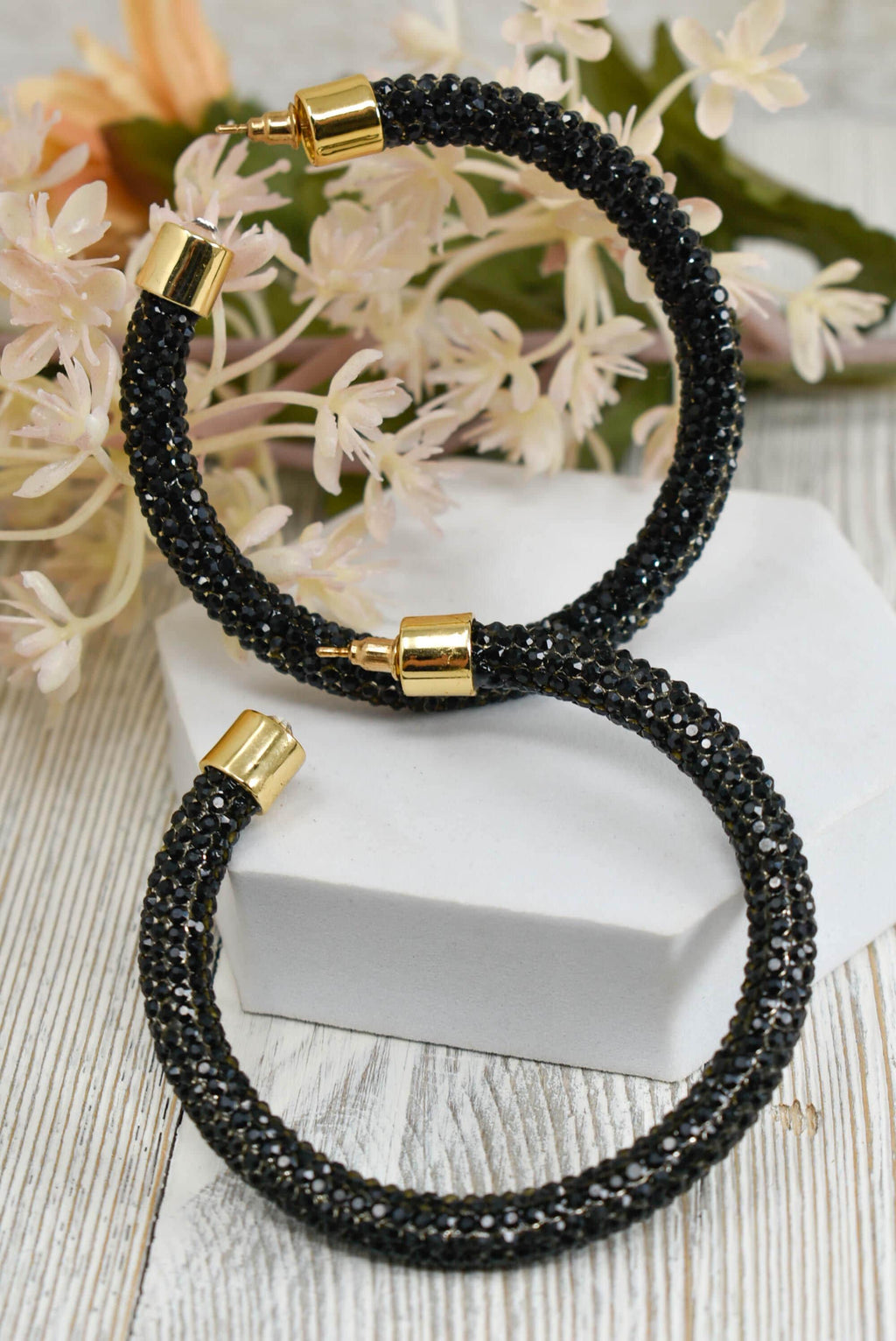2.5" Ladies Bohemian Black Rhinestone Sparkle Wrap Pave Open Hoop Earrings Stone Accent Women Party Night Out