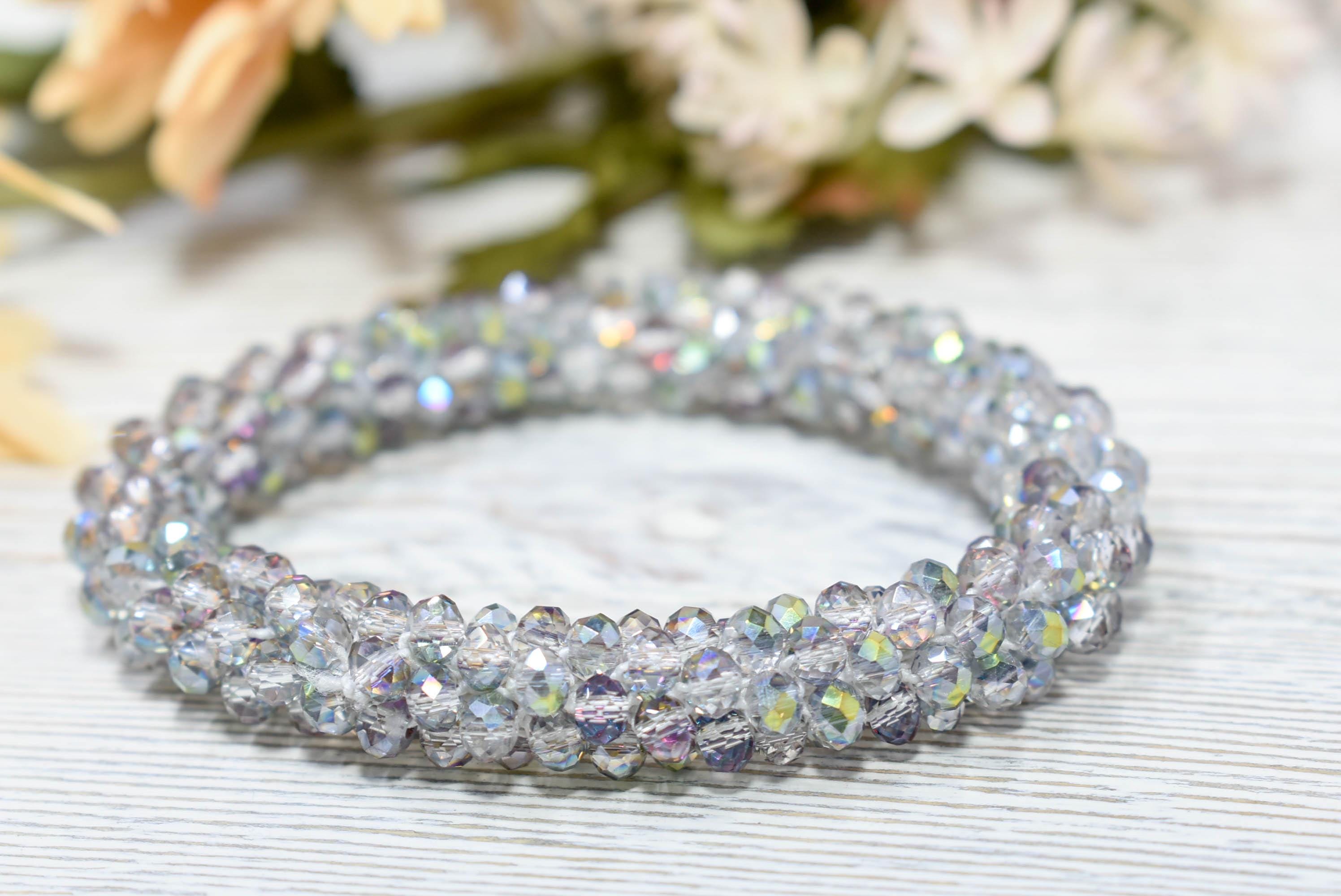 Elegant Clear Iridescent Gray Mini Glass Crystal Bead Cluster Stretch Bracelet