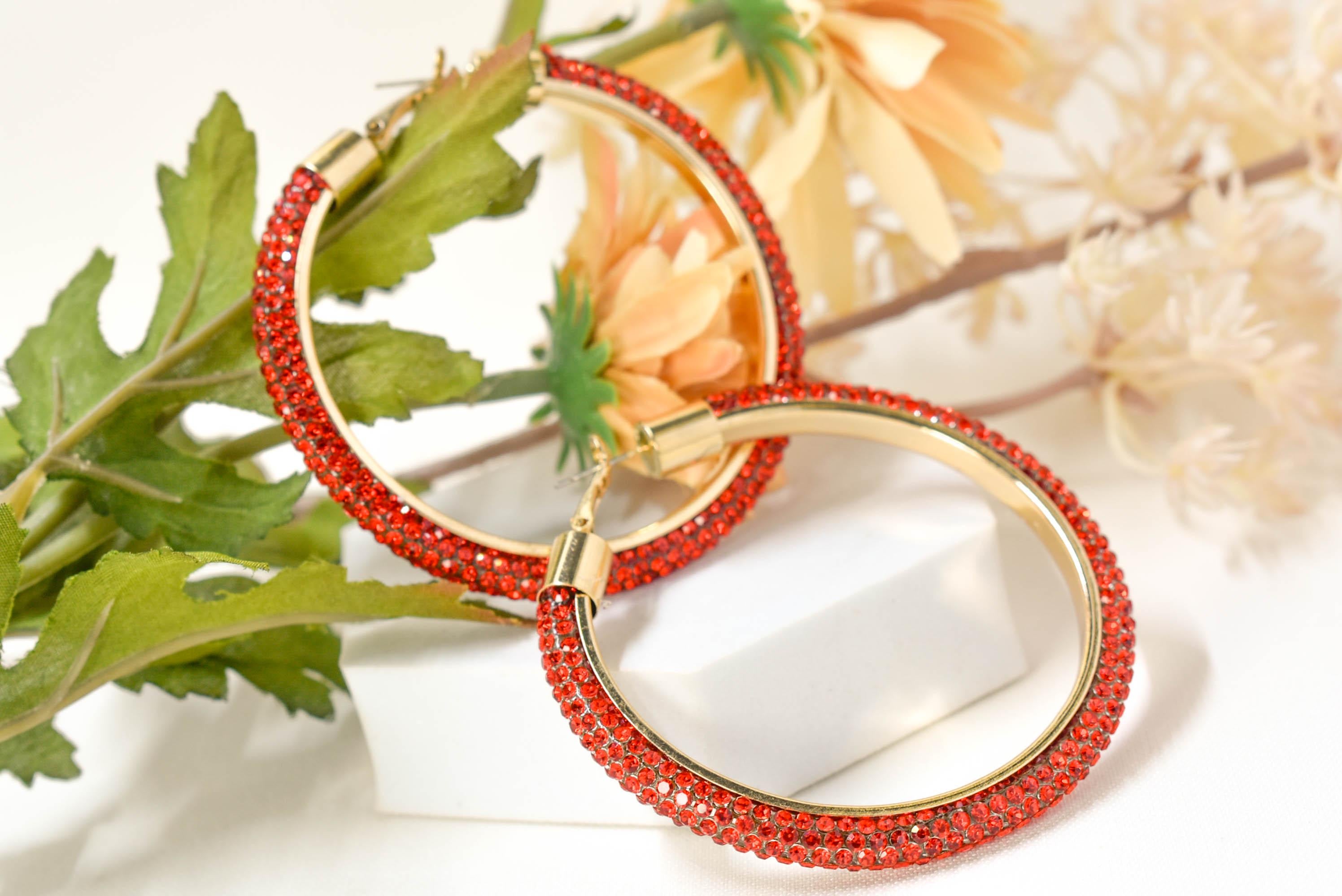 2.5" Large Red Bling Diva Pave Resin Set Rhinestone Hoop Earrings Women Party Night Out