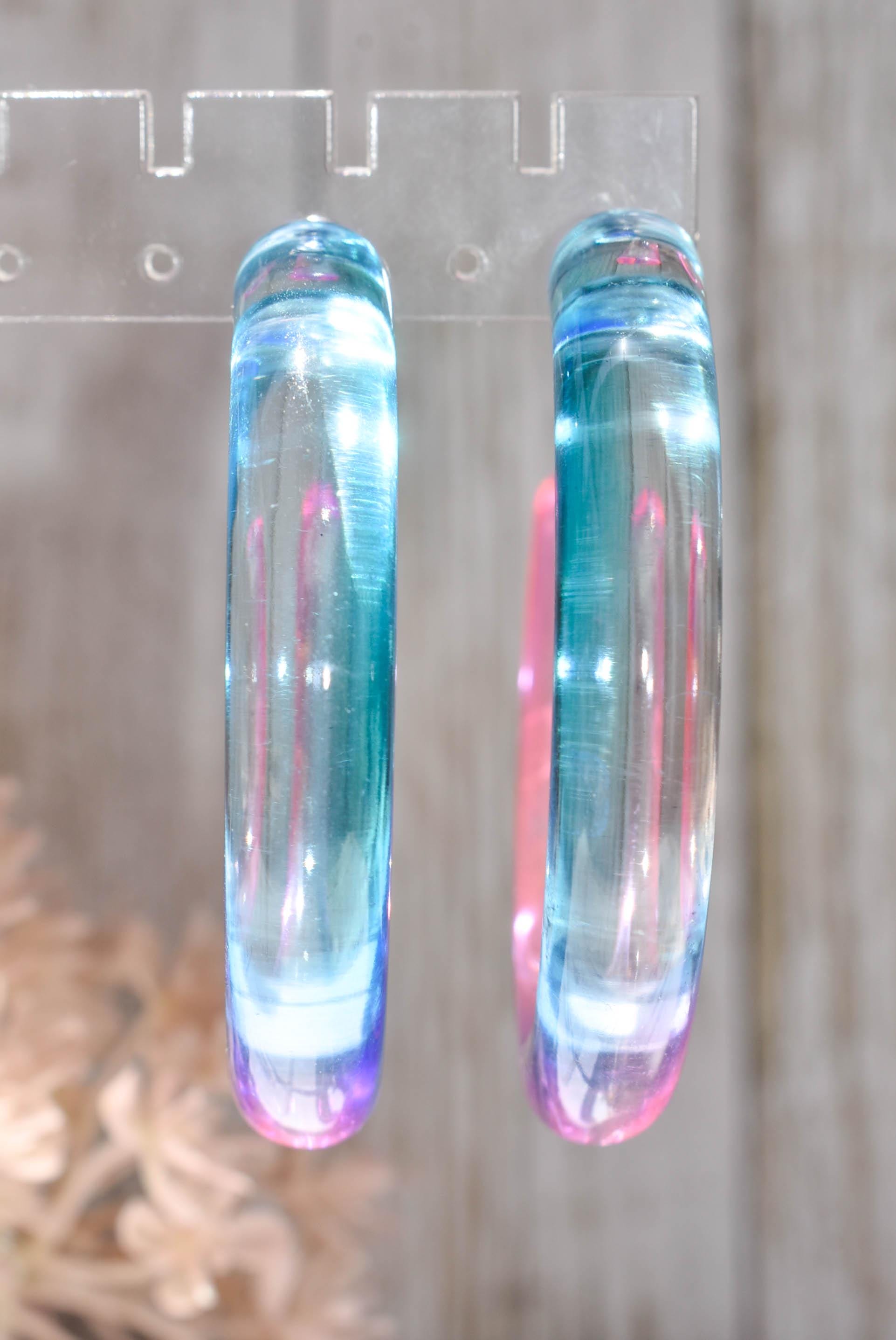 Translucent Gradient Blue Purple Pink Retro Boho Statement Chunky Lucite Ombre Hoop Earrings Fun Earrings Costume Accessories Womens Hoops