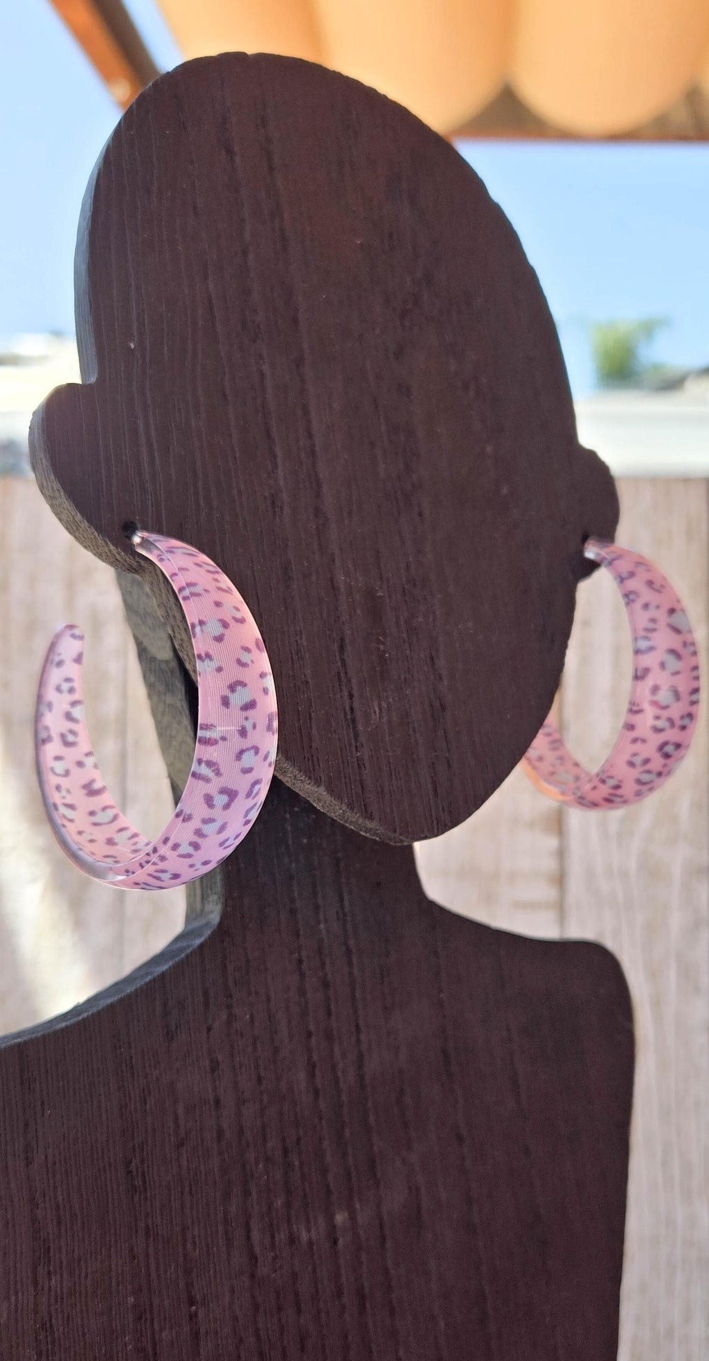 Translucent Pink Acetate Leopard Print Hoop Earrings 2" Stylish Statement Chic Hoops Animal Print Earrings