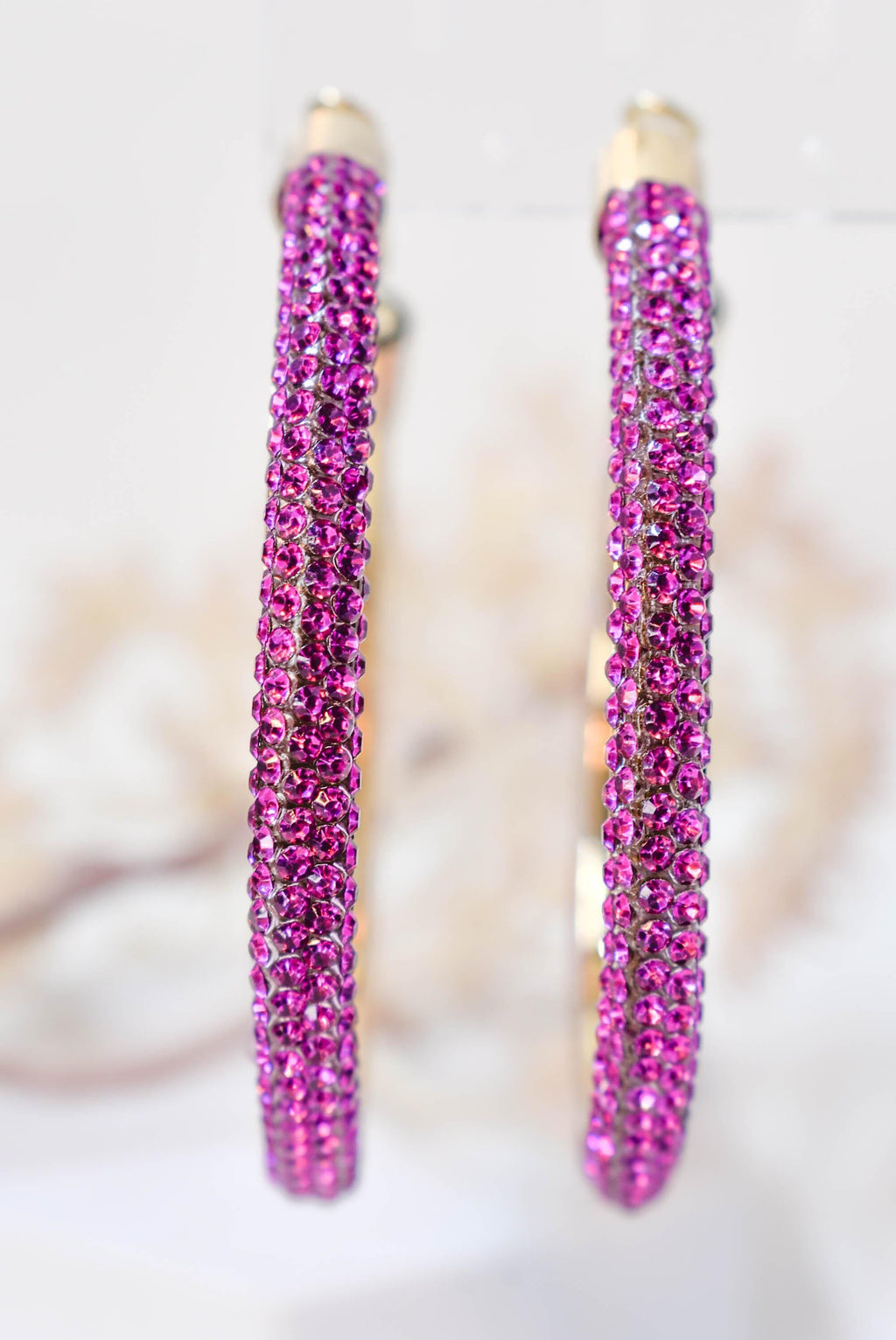 2.5" Large Fuschia Pink Bling Diva Pave Resin Set Rhinestone Hoop Earrings Women Party Night Out