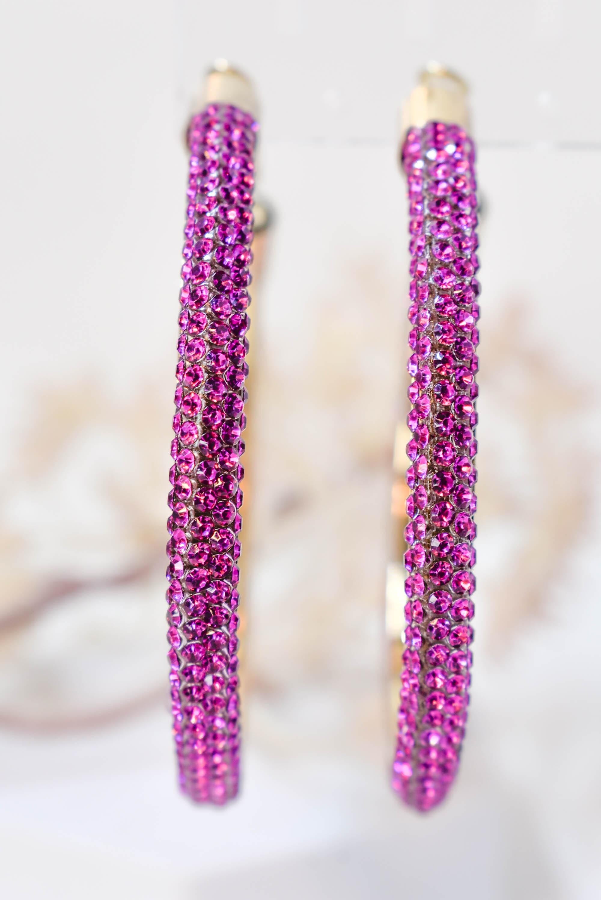2.5" Large Fuschia Pink Bling Diva Pave Resin Set Rhinestone Hoop Earrings Women Party Night Out
