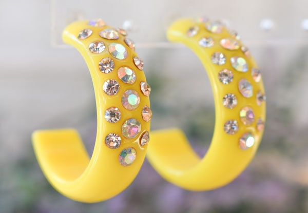 Yellow 3 Row Bling Statement Acrylic Lucite AB/Clear Rhinestones 1" Women's Hoop Earrings Pageant Weddings Night Out Diva Pageant