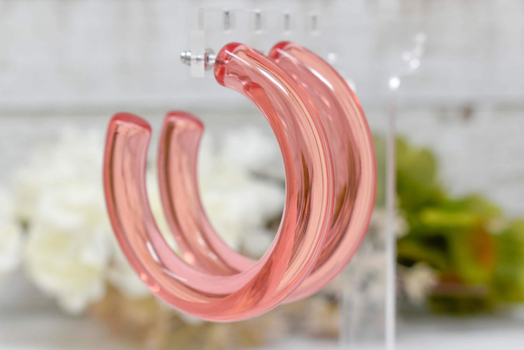 Translucent Clear Pink Peach Retro Chunky Lucite Hoop Earrings