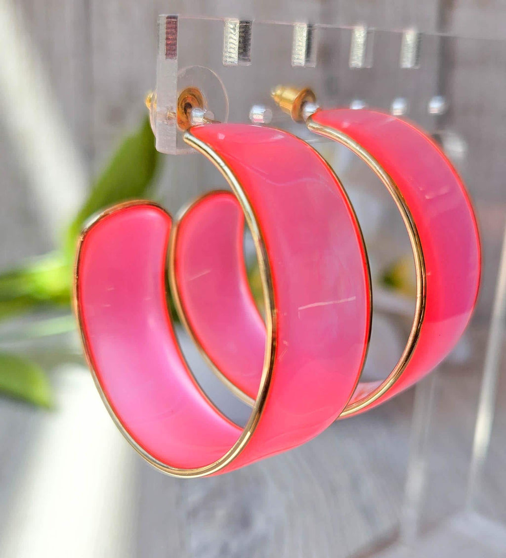 80's Fun Retro Vibes Gold Color Trim Translucent Neon Pink Boho Statement Hoop Earrings