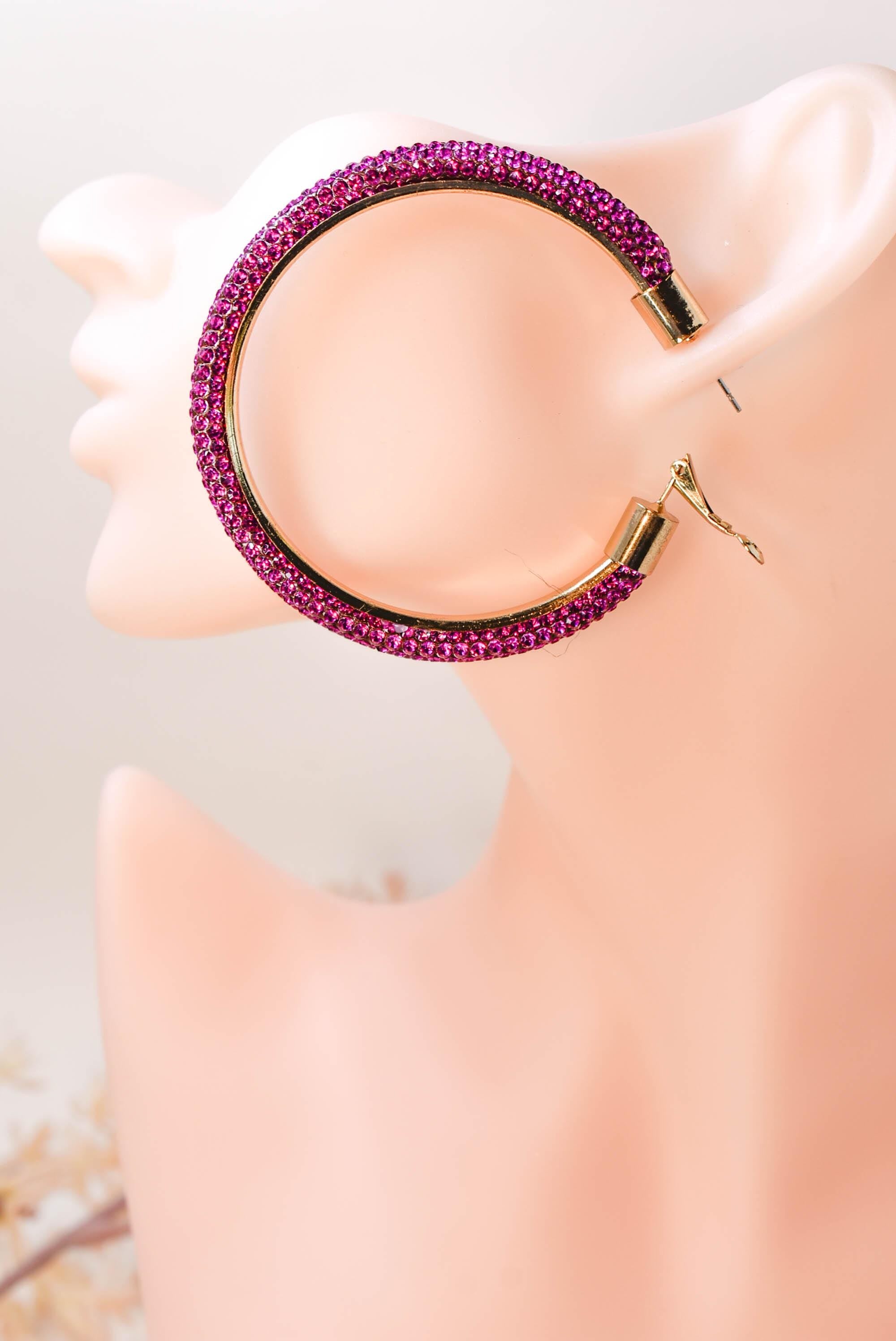 2.5" Large Fuschia Pink Bling Diva Pave Resin Set Rhinestone Hoop Earrings Women Party Night Out