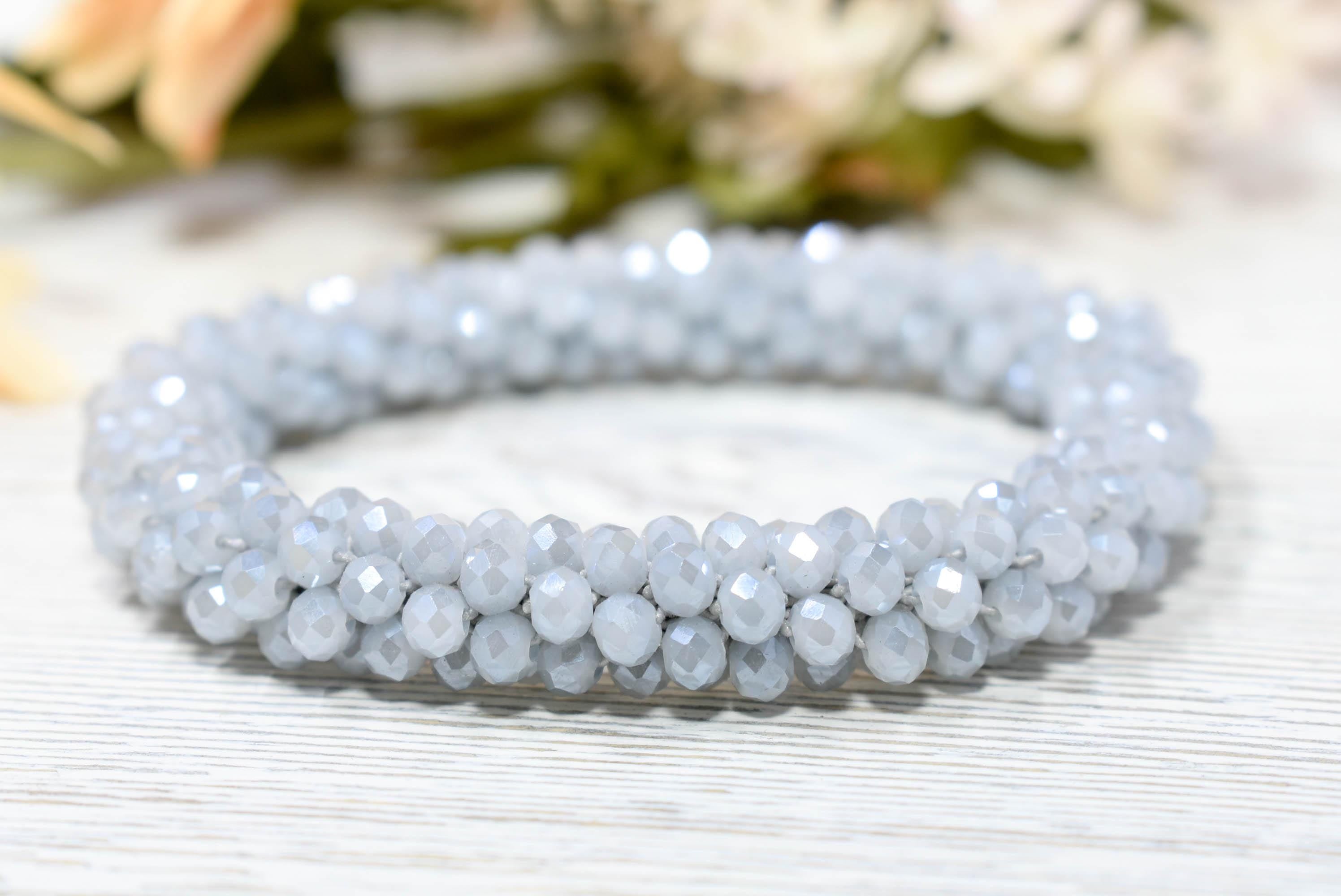 Elegant Light Gray Mini Glass Crystal Bead Cluster Stretch Bracelet