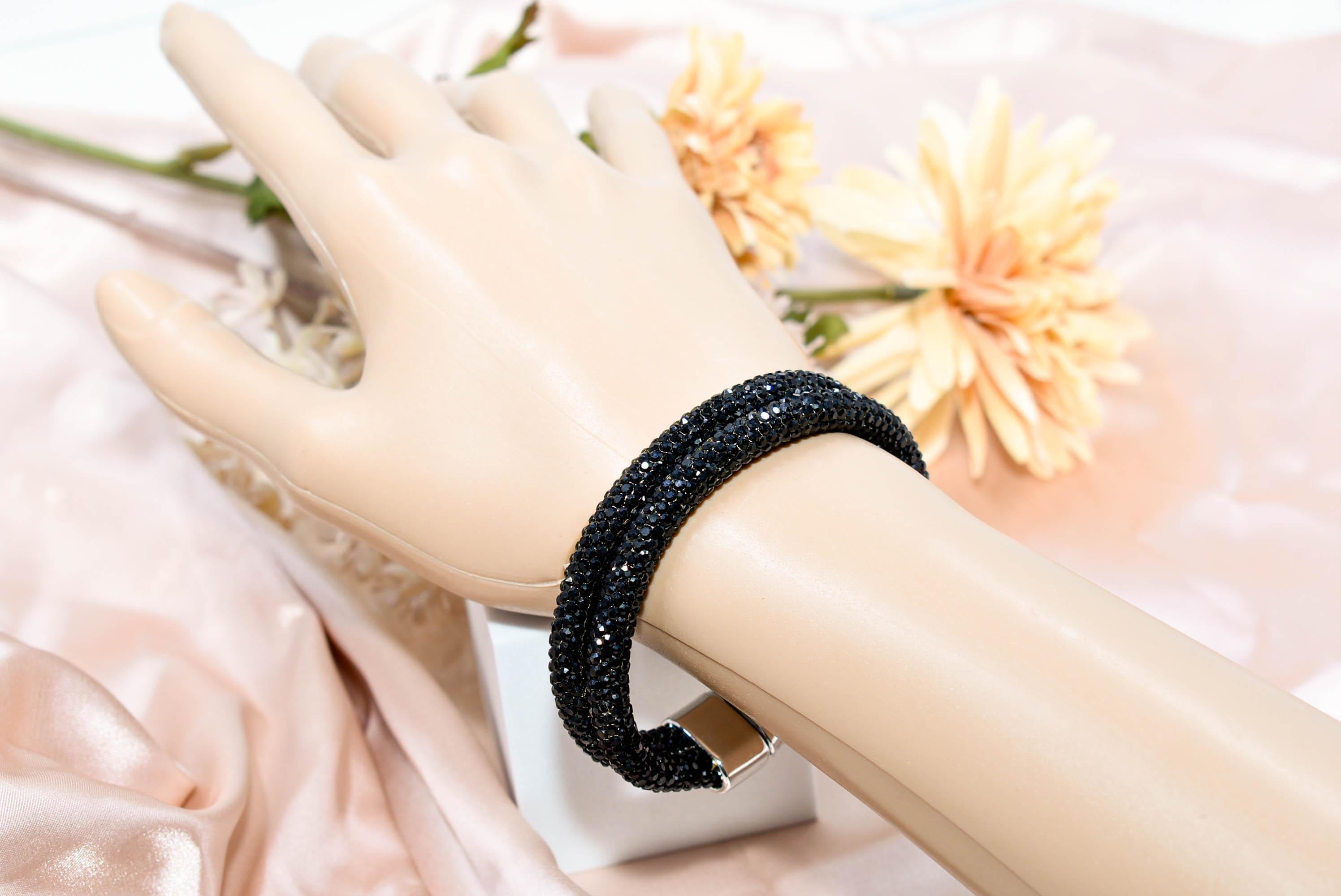 Black Color Pave Rhinestones Flexible Cuff Bangle Magnetic Bracelet Statement Bling Fashion Pageant Night Out Wedding
