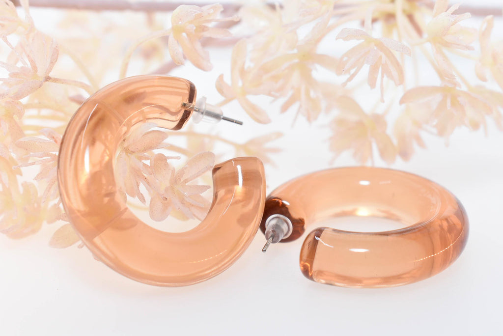 Translucent Light Amber Retro Boho Semi Chunky Lucite Jelly 1.5" Hoop Earrings