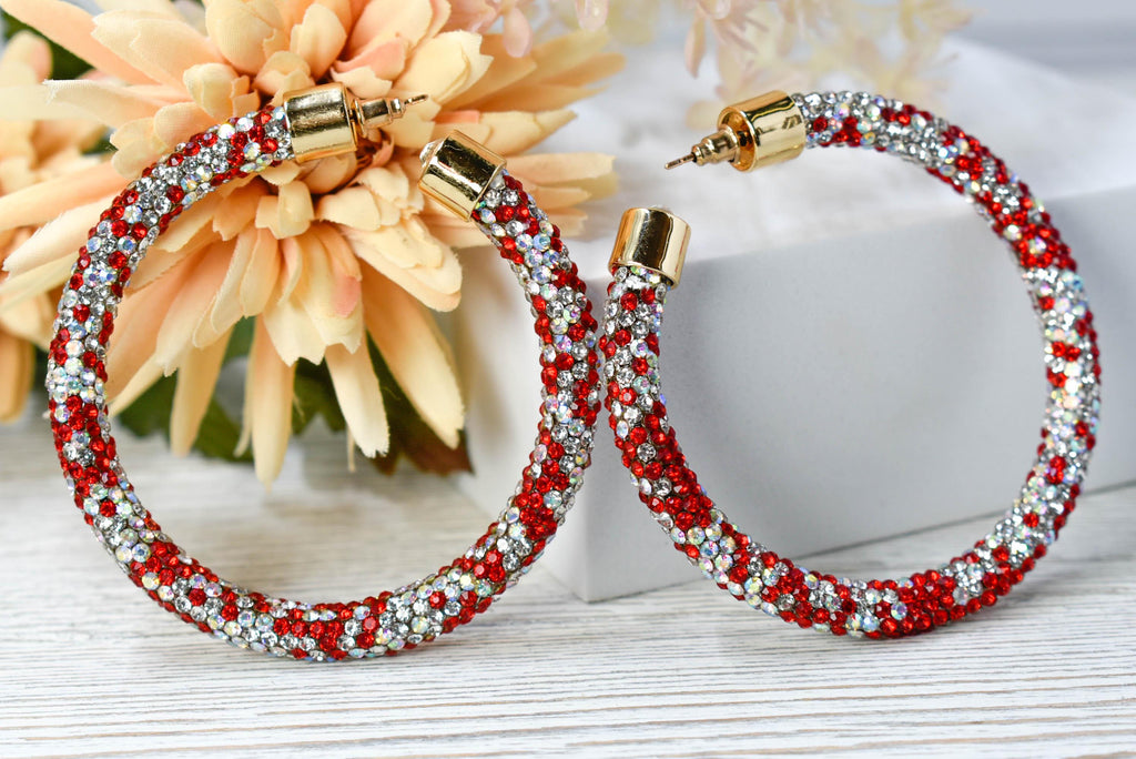2.5" Ladies Bohemian Multi Tone Red  Clear Rhinestone Sparkle Wrap Pave Open Hoop Earrings Stone Accent Women Party Night Out Bling