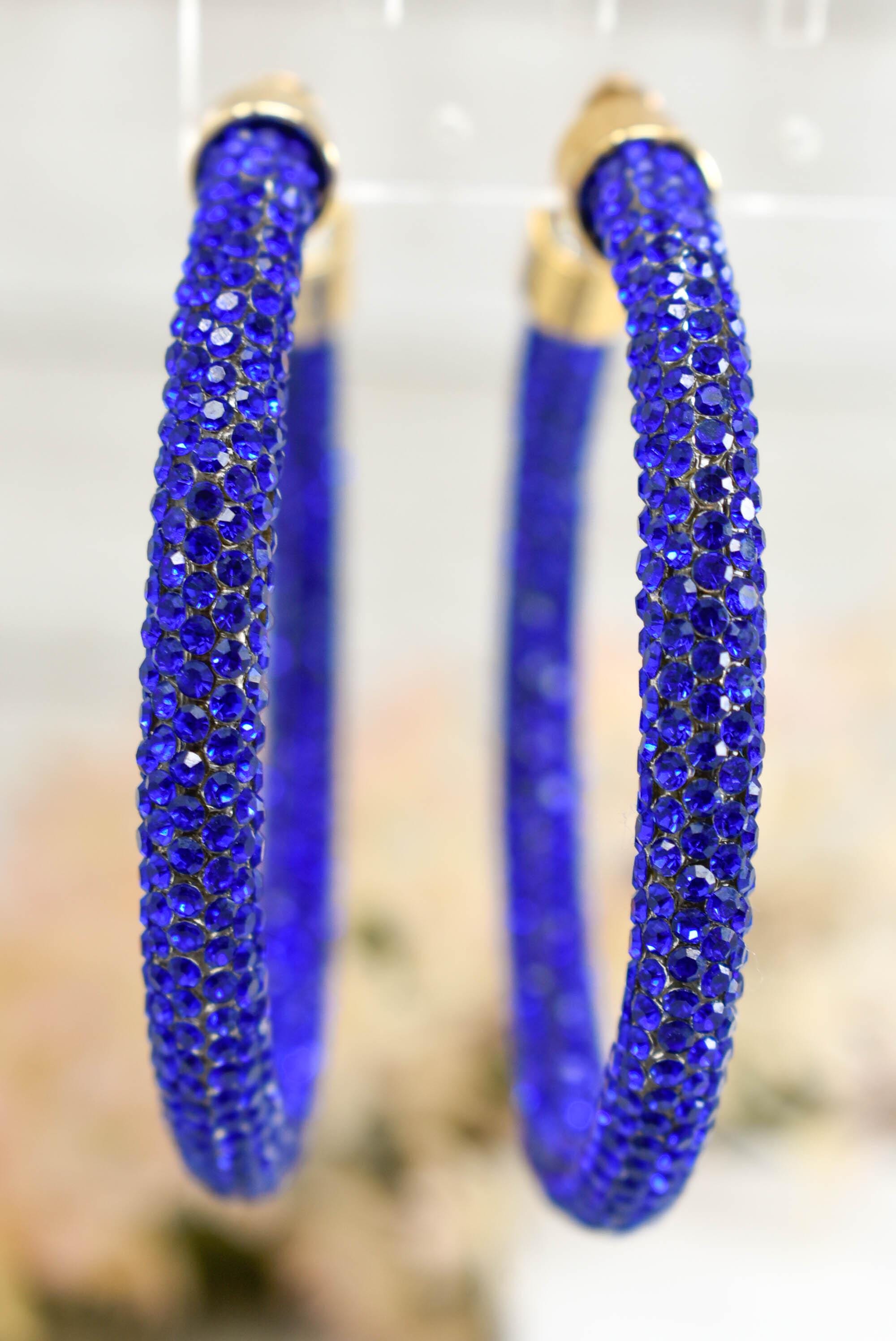 2.5" Ladies Bohemian Royal Blue Rhinestone Sparkle Wrap Pave Open Hoop Earrings Stone Accent Women Party Night Out