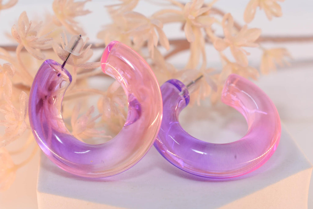 Translucent Gradient Purple Pink Retro Boho Semi Chunky Lucite Ombre Jelly 1.5" Hoop Earrings