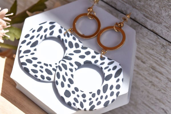 Boho Fashion Statement Handmade Polymer Clay "Blake Dalmatian" Dangle Drop Earrings Gifts Women Polka Dot
