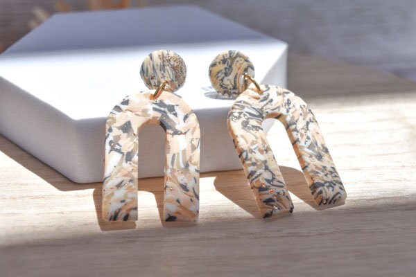 Boho Fashion Statement Handmade Polymer Clay "Avery Rebel" Gold Flakes Dangle Earrings Gifts Women