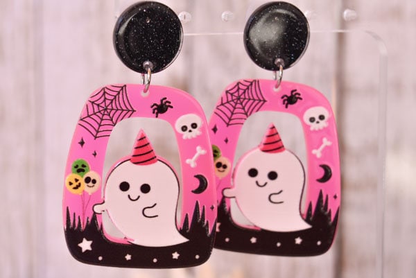Abstract Shape Halloween Cute Ghost Glitter Acrylic Neon Pink Holiday Women Girls Dangle Earrings Emo Goth Steampunk
