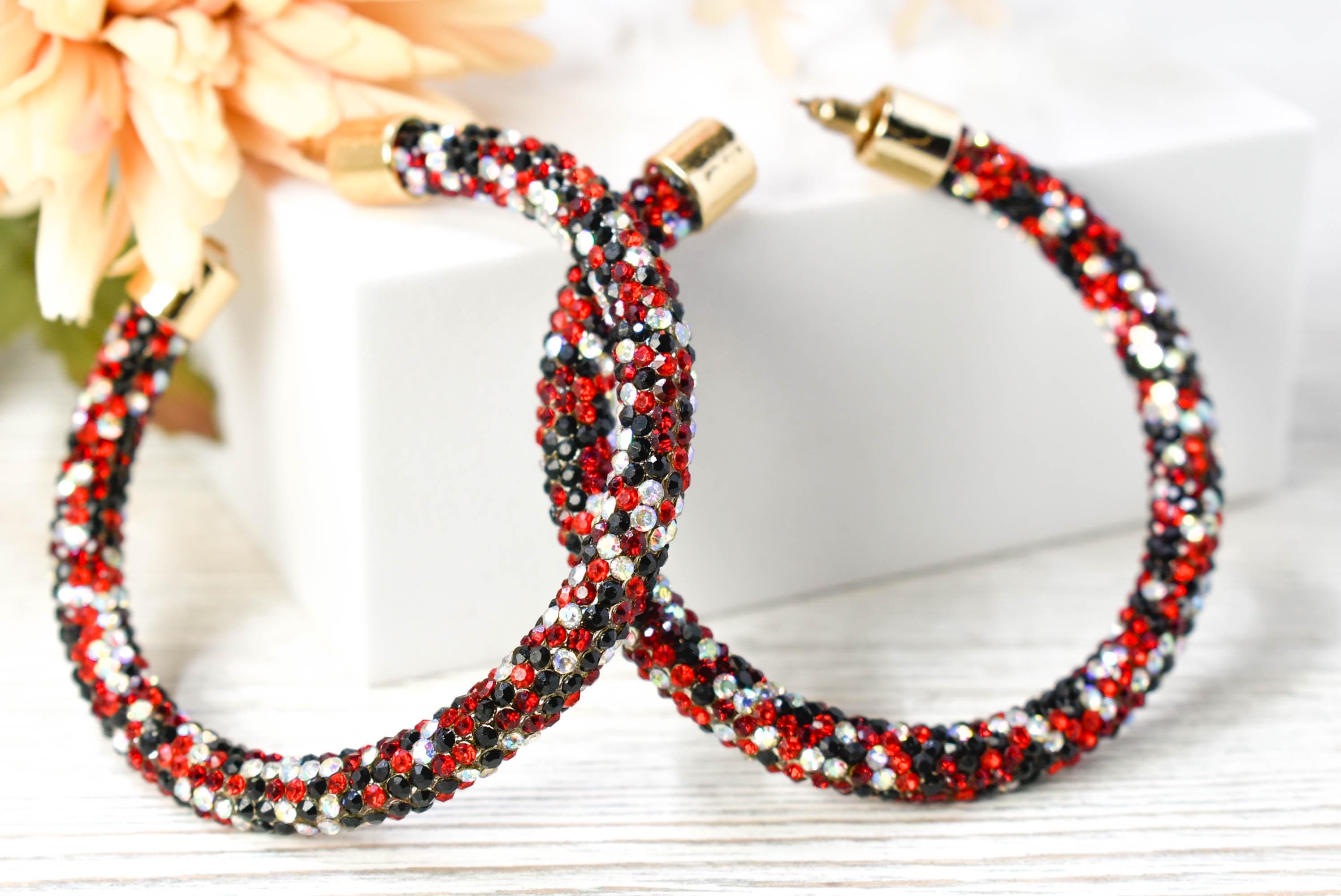 2.5" Ladies Bohemian Multi Tone Red Black Clear Rhinestone Sparkle Wrap Pave Open Hoop Earrings Stone Accent Women Party Night Out Bling