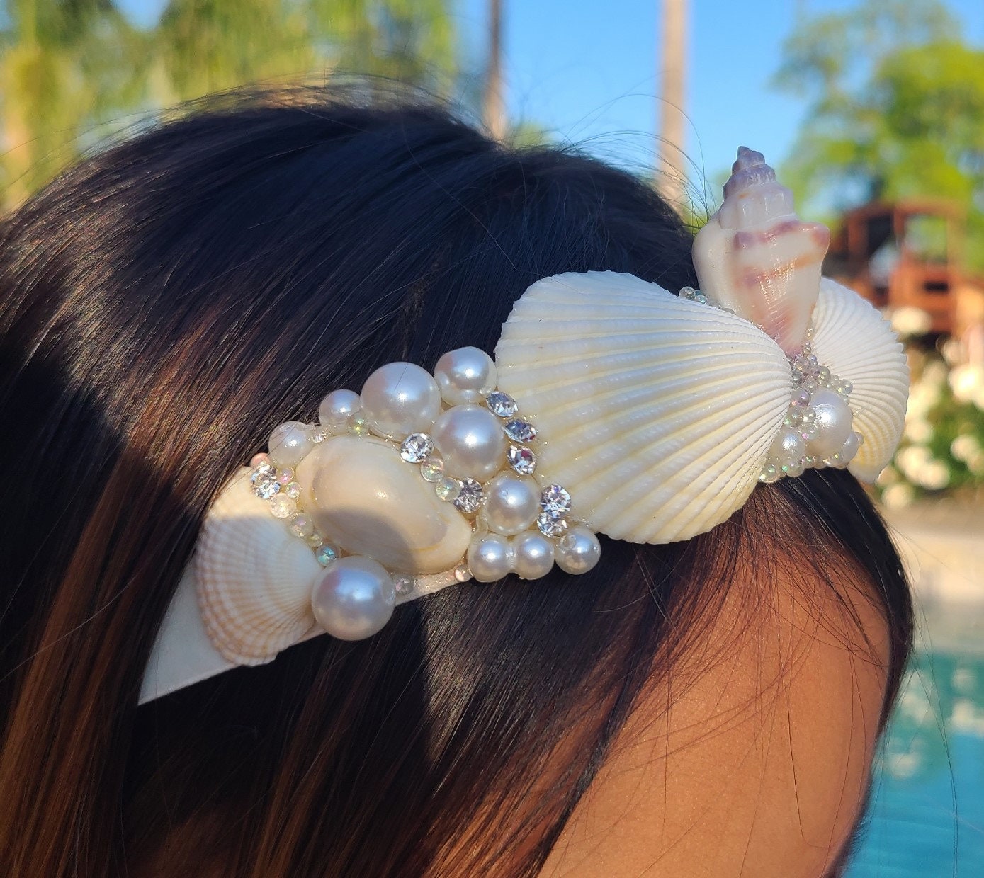 Handmade Seashell Bridal Headband: Pearl & Rhinestone Boho Wedding