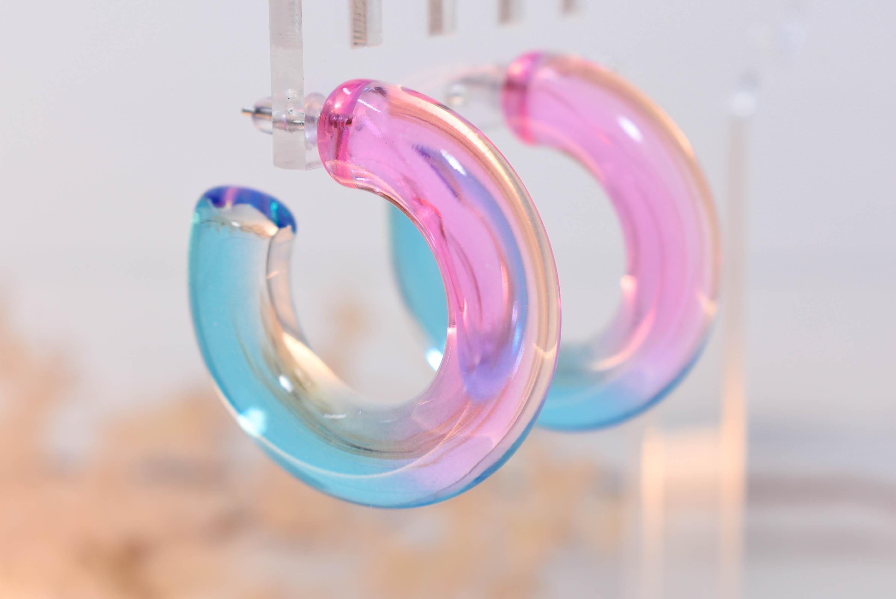 Translucent Gradient Pink Blue Retro Boho Semi Chunky Lucite Ombre Jelly 1.5" Hoop Earrings