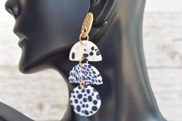 Boho Fashion Statement Handmade Polymer Clay "Allison" Dangle Drop Earrings Gifts Women Polka Dot