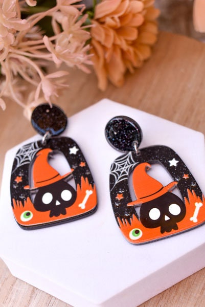 Abstract Shape Halloween Cute Skull Witch Hat Glitter Acrylic Holiday Women Girls Dangle Earrings Emo Goth Steampunk
