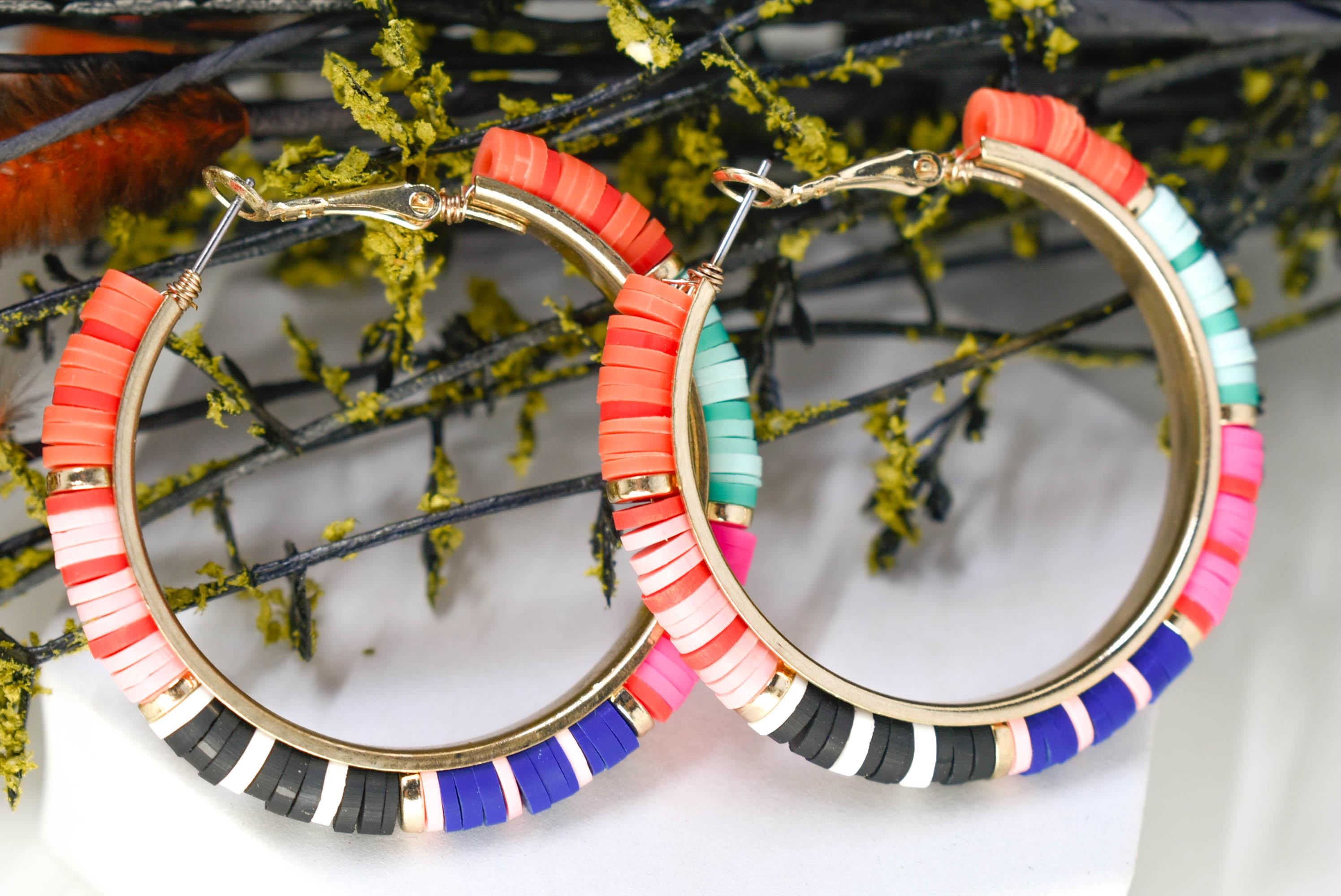 Boho Chic Statement Multicolor Polymer Dark Discs Gold Tone Lever Back Hoop Earrings Women Gifts