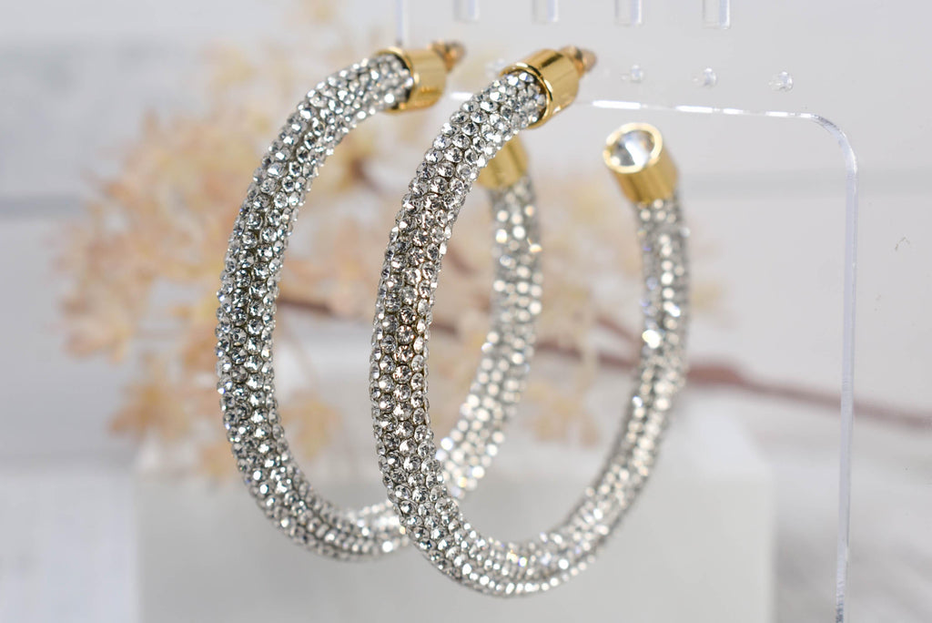 2.5" Ladies Bohemian Clear Rhinestone Sparkle Wrap Pave Open Hoop Earrings Stone Accent Women Party Night Out