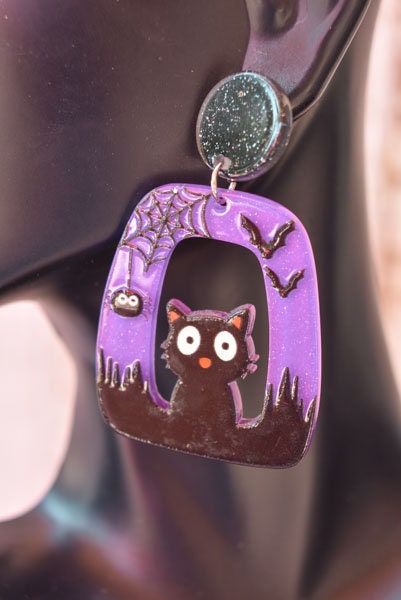 Abstract Shape Halloween Cute Cat Glitter Acrylic Purple Holiday Women Girls Dangle Earrings Emo Goth Steampunk