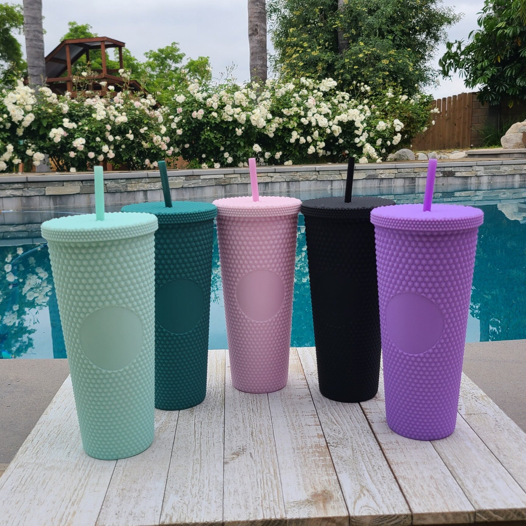 24oz Green Matte Studded Soft Texture To Go Travel Tumbler Cup Blank Center Circle with Lid and Matching Straw