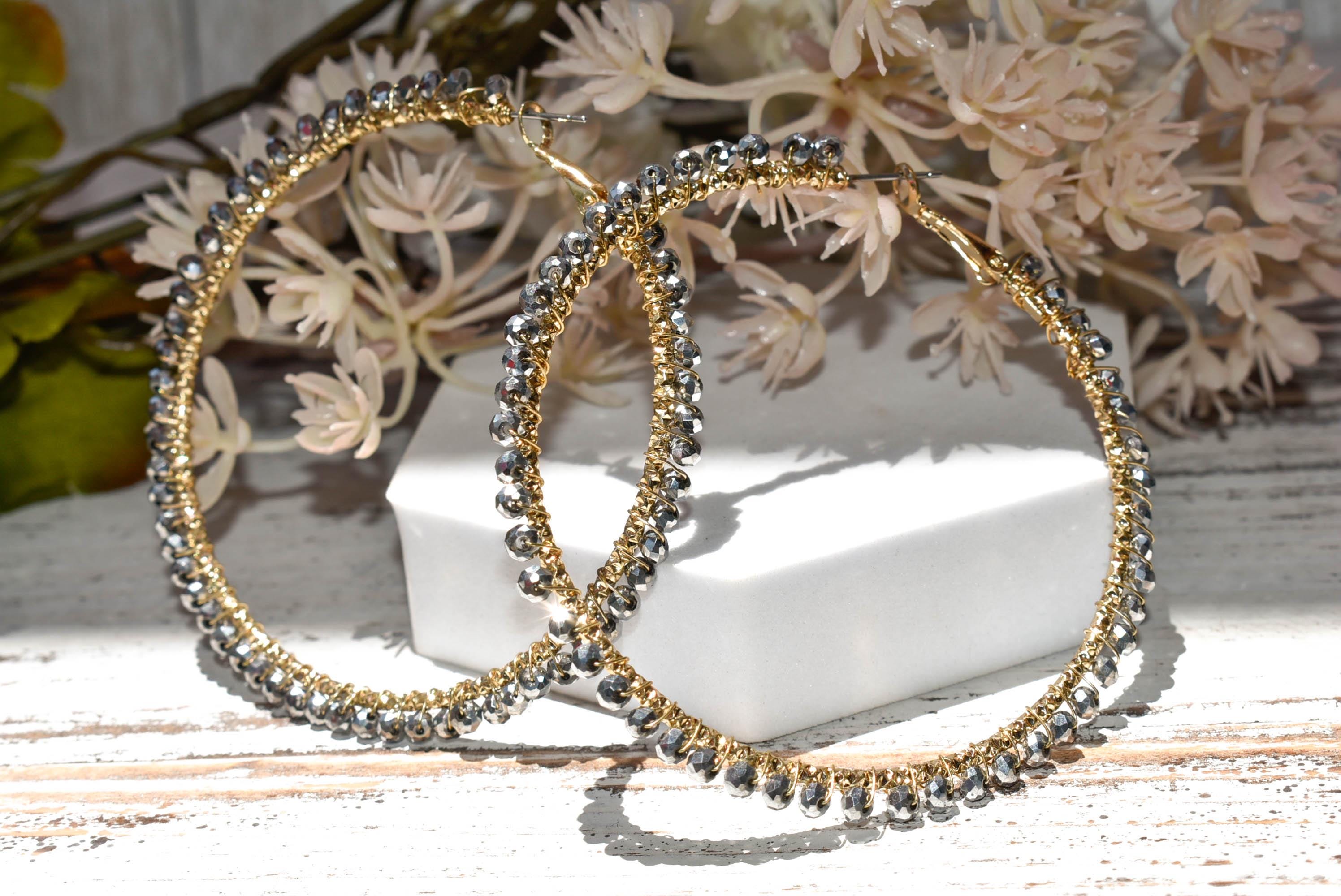 Statement Boho Hematite Gray Mini Crystal Glass Beads 2.75" Gold Tone Hoop Earrings Stylish Jewelry Women's Fashion Diva Accessory Pageant