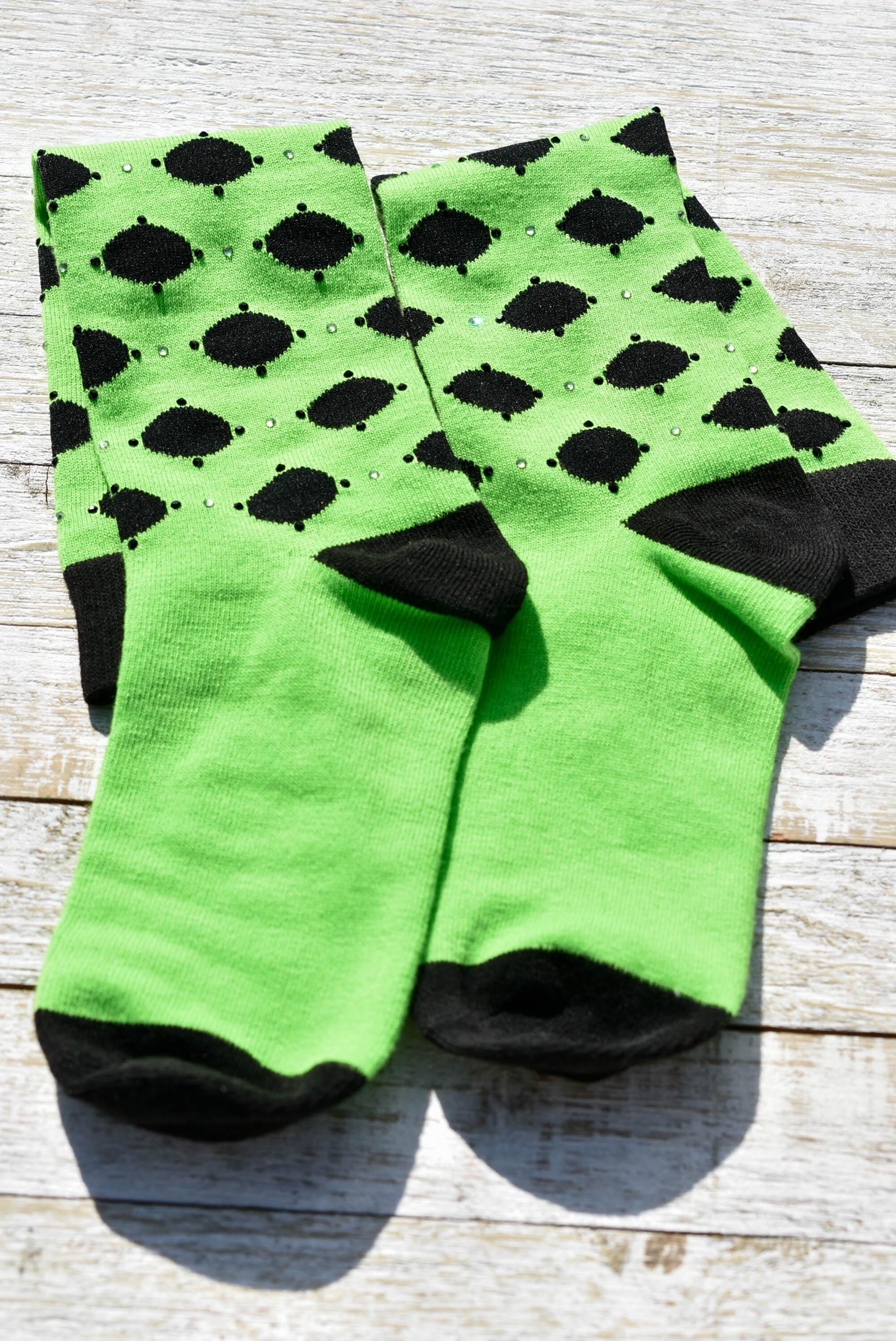 Girls Women Fashion Green Knee High Black Polka Dot Bling Iridescent Rhinestone Embellished Size 9-11 Stocking Stuffer Gifts Party Socks