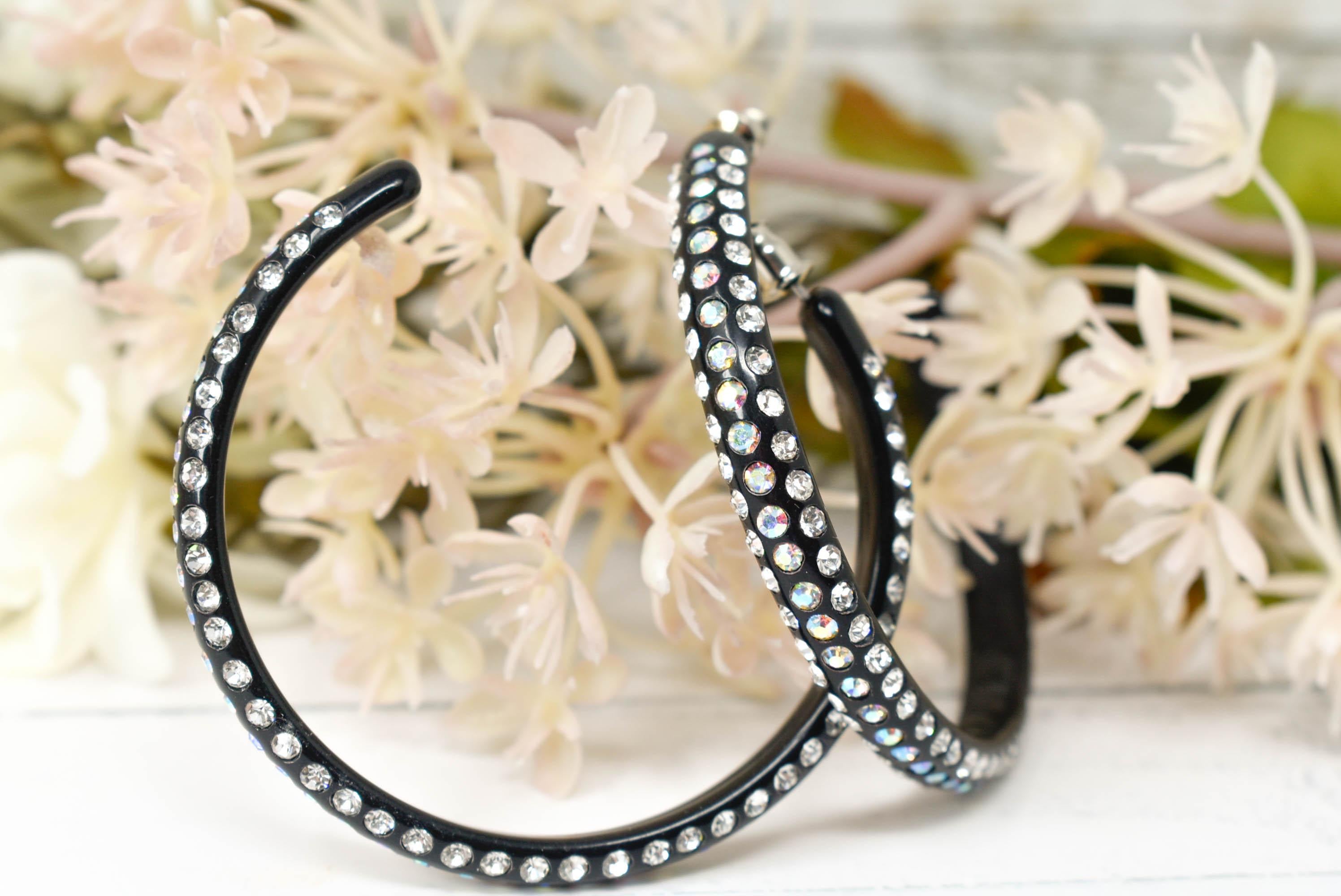 Black 3 Row Bling Statement Acrylic Lucite AB Iridescent Rhinestones 2.25" Women's Hoop Earrings Pageant Weddings Night Out Diva Pageant