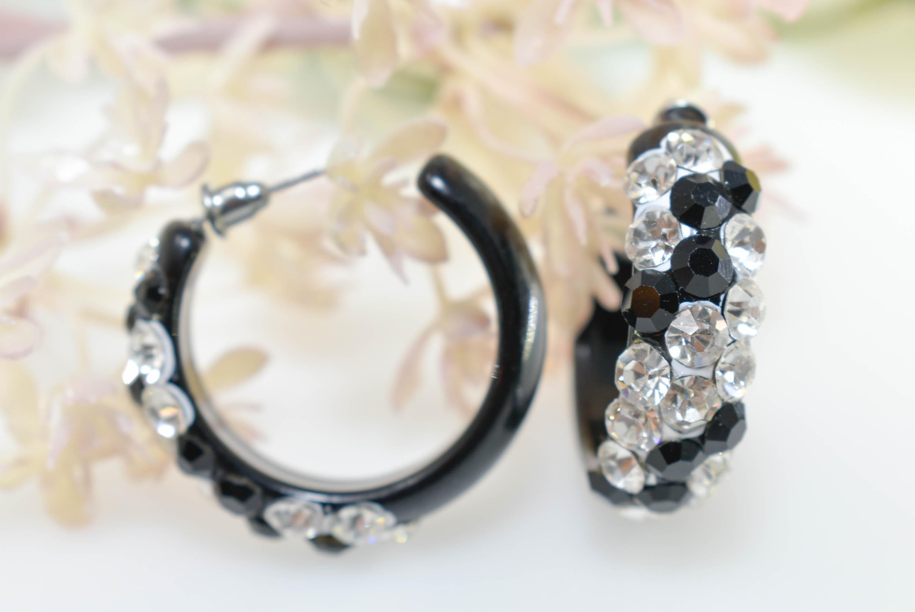Black Bling Statement Acrylic Lucite Clear/Black Rhinestones 1.25" Women's Hoop Earrings with White Paint Accent Pageant Weddings Night Out